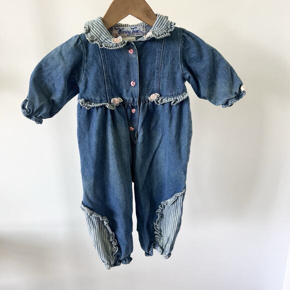 Vintage Winning Team Bubble Denim Jean Romper USA Baby 18 Months Overalls‎ RARE - Picture 1 of 8